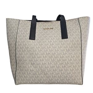 Michael Kors Junie Signature White and Navy Blue Tote